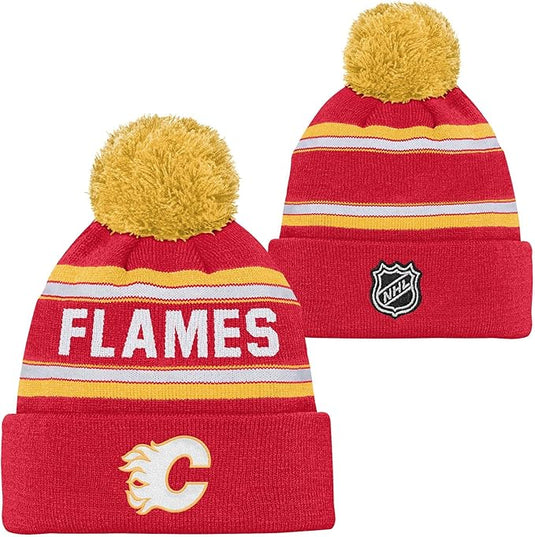 Kid's Calgary Flames NHL Jacquard Cuff Knit Pom Toque