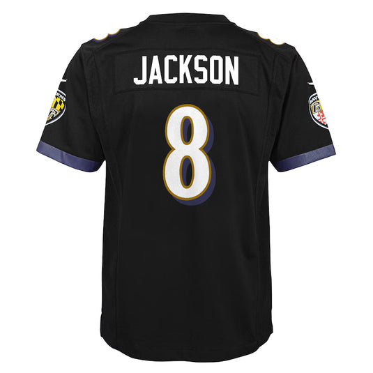 Maillot de l'équipe de jeu Nike des Ravens de Baltimore Lamar Jackson pour jeunes