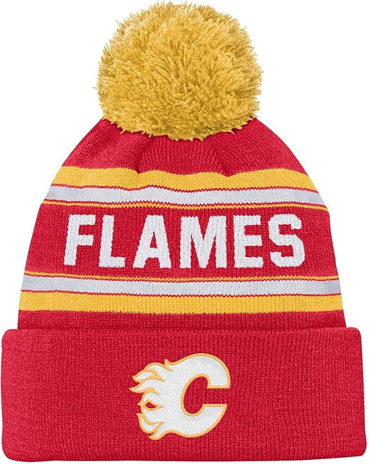 Kid's Calgary Flames NHL Jacquard Cuff Knit Pom Toque