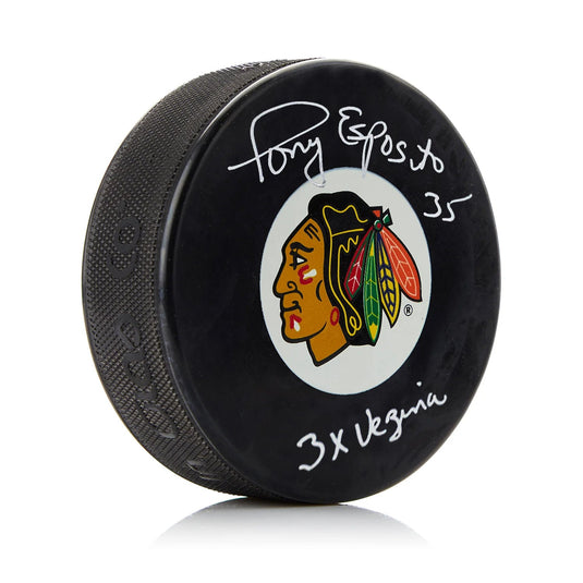 Tony Esposito Signed Chicago Blackhawks Puck with 3X Vezina Note