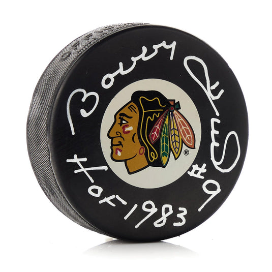 Bobby Hull Signed Chicago Blackhawks Puck with HOF Note