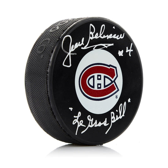Jean Beliveau Signed Montreal Canadiens Puck with Le Gros Bill Note