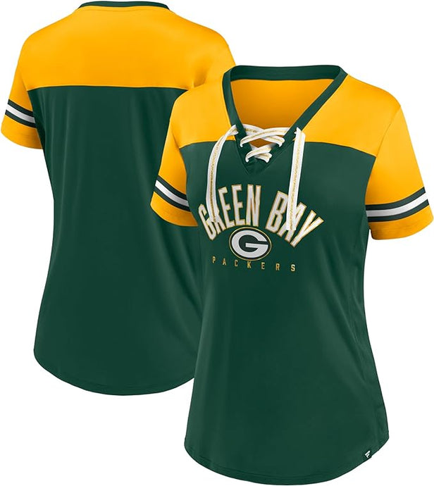 Ladies' Green Bay Packers NFL Blitz & Glam Lace up V-Neck T-Shirt