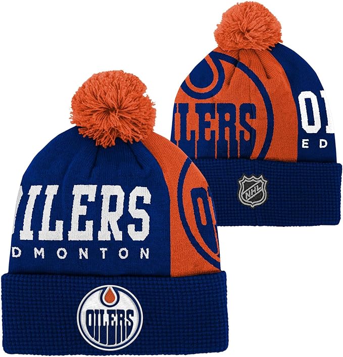 Chargez l&#39;image dans la visionneuse de la galerie, Tuque à pompon à revers LNH Impact pour jeunes des Oilers d&#39;Edmonton
