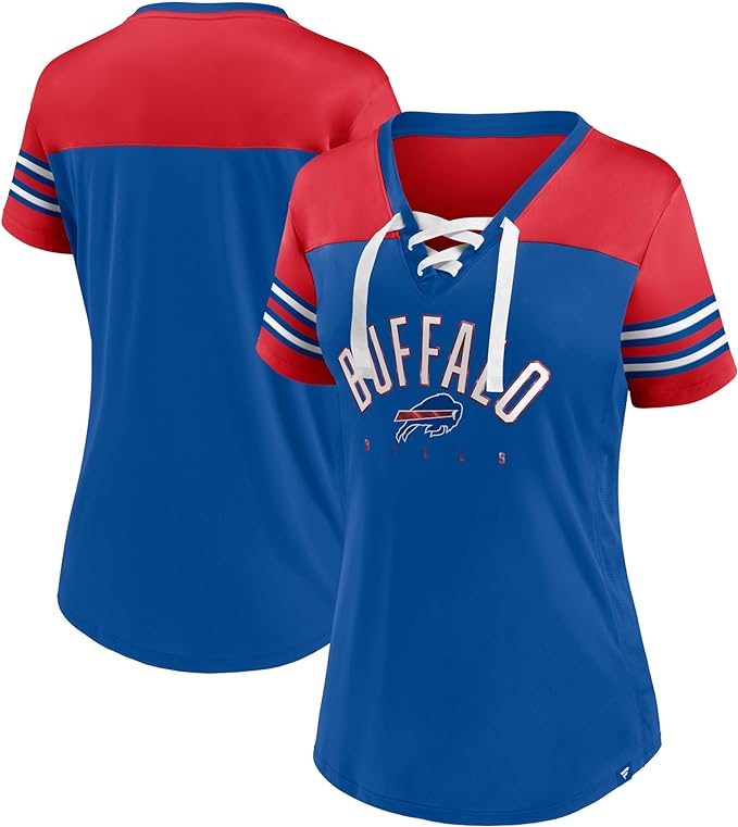 Load image into Gallery viewer, Ladies&#39; Buffalo Bills NFL Blitz &amp; Glam Lace up V-Neck T-Shirt
