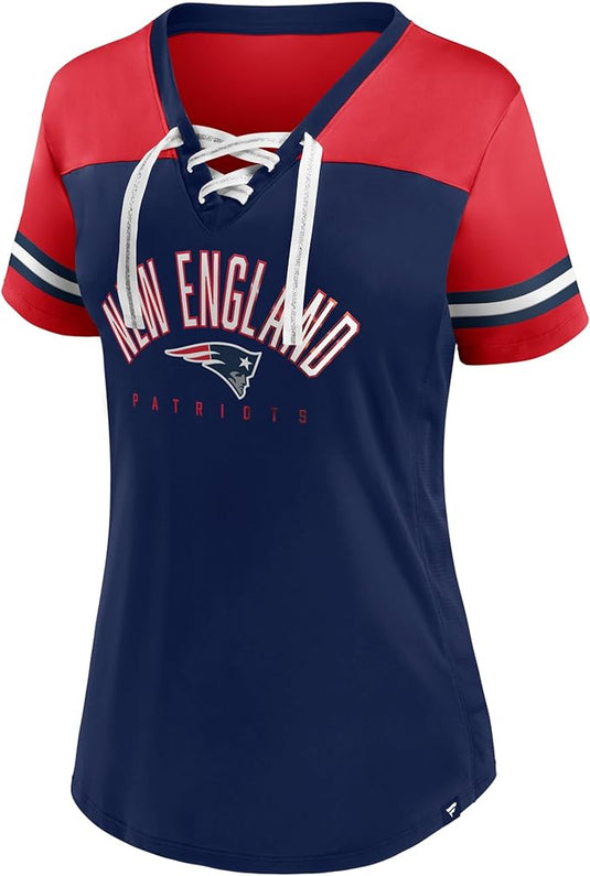 Ladies' New England Patriots NFL Blitz & Glam Lace up V-Neck T-Shirt