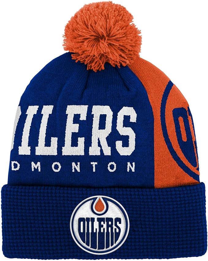 Chargez l&#39;image dans la visionneuse de la galerie, Tuque à pompon à revers LNH Impact pour jeunes des Oilers d&#39;Edmonton
