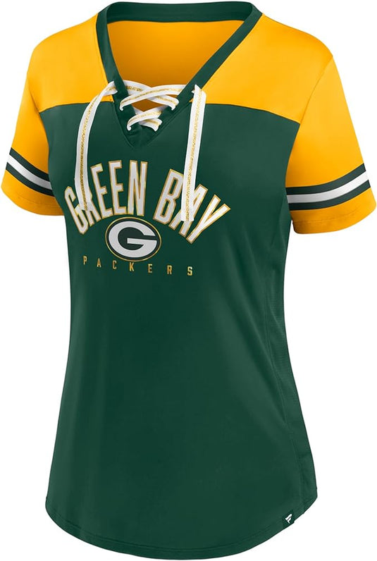 Ladies' Green Bay Packers NFL Blitz & Glam Lace up V-Neck T-Shirt