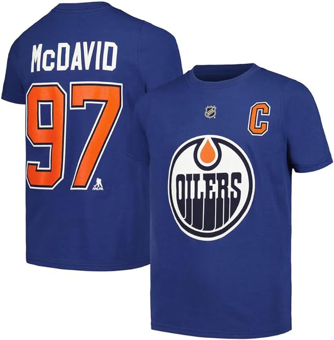 T-shirt avec nom et numéro du capitaine des Oilers d'Edmonton de la LNH pour jeunes Connor McDavid