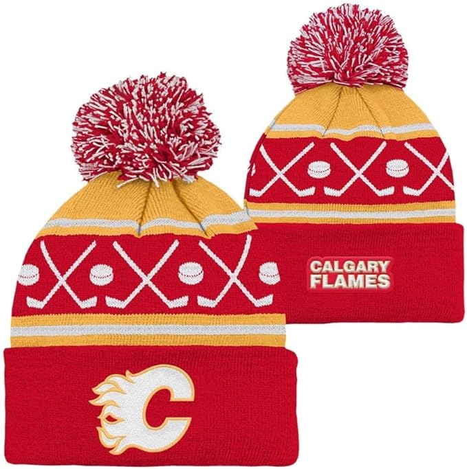 Youth Calgary Flames NHL Hockey Pom Pom Cuffed Knit Toque