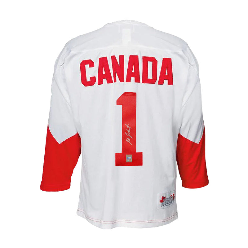 Load image into Gallery viewer, Ed Johnston Signed Team Canada 1972 Summit Series Away White Jersey
