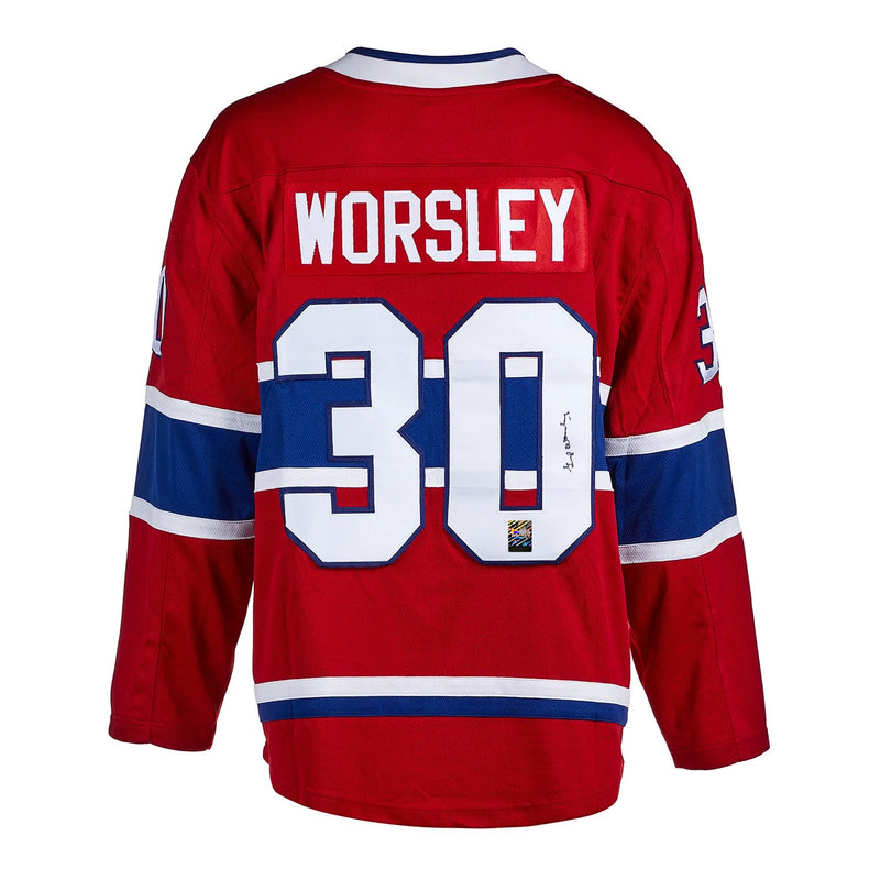 Chargez l&#39;image dans la visionneuse de la galerie, Gump Worsley Signed Montreal Canadiens Fanatics Breakaway Home Red Jersey
