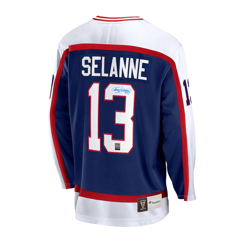 Load image into Gallery viewer, Teemu Selanne Signed Winnipeg Jets Fanatics Vintage Navy Jersey
