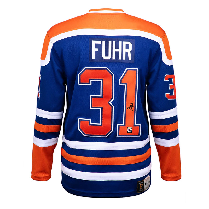 Load image into Gallery viewer, Grant Fuhr Signed Edmonton Oilers Fanatics Vintage Blue Jersey
