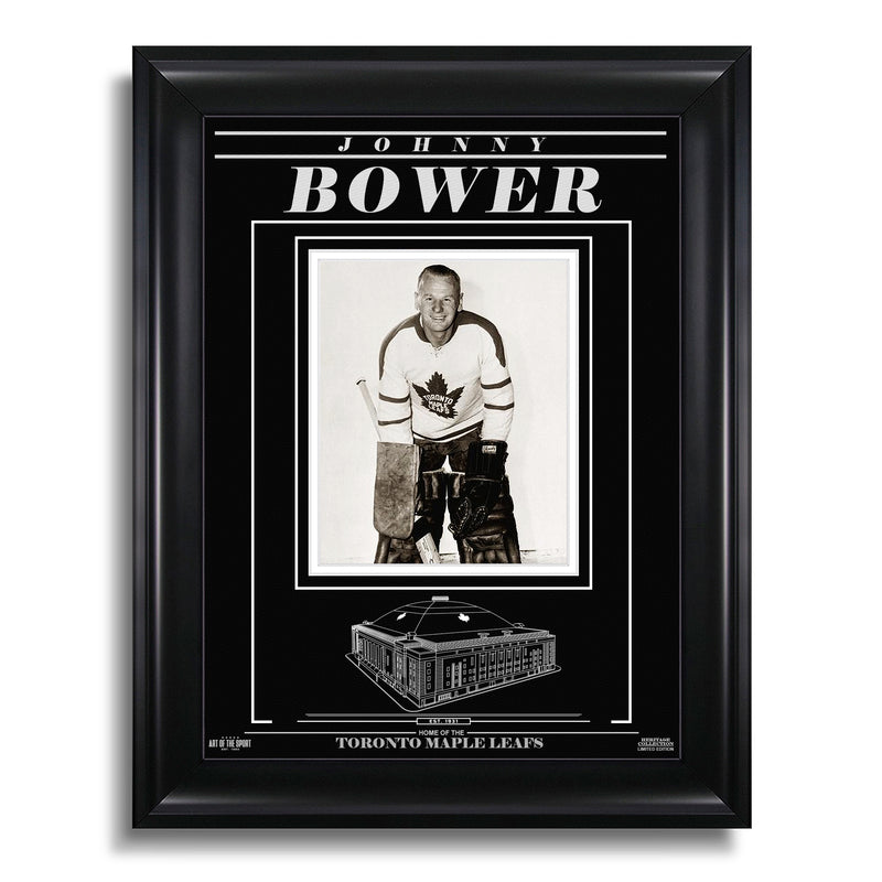 Chargez l&#39;image dans la visionneuse de la galerie, Photo encadrée gravée des Maple Leafs de Toronto de Johnny Bower - Photo fixe
