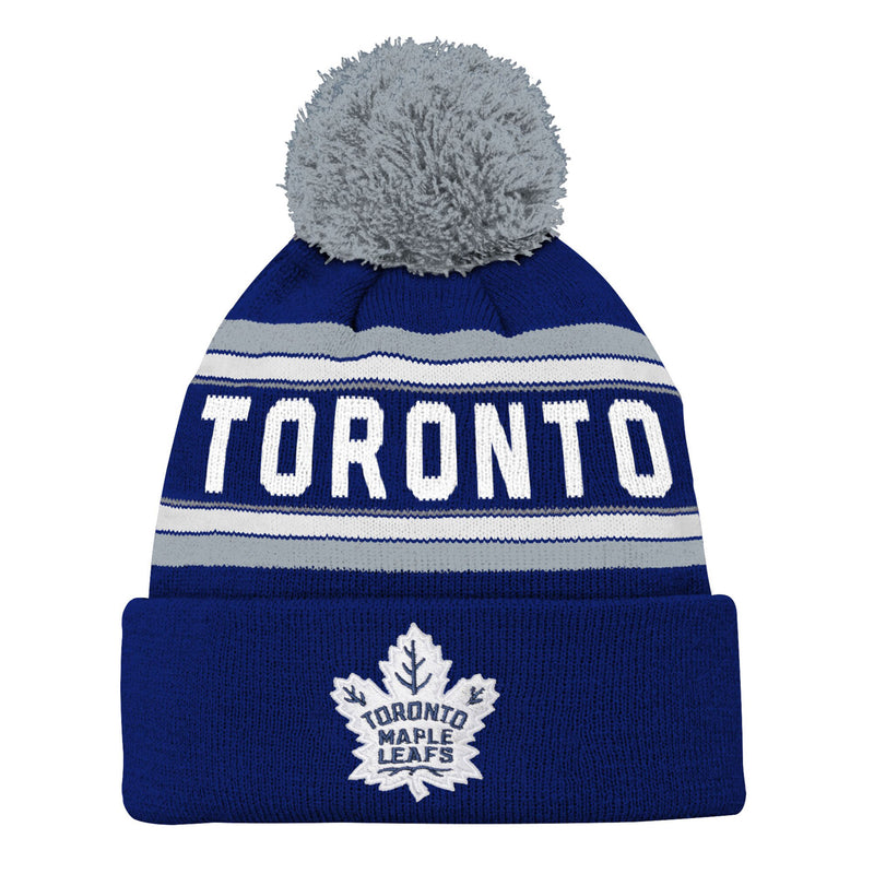 Chargez l&#39;image dans la visionneuse de la galerie, Tuque à pompons en tricot à revers en jacquard avec logo NHL des Maple Leafs de Toronto pour jeunes

