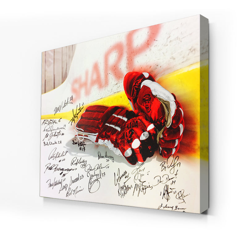 Chargez l&#39;image dans la visionneuse de la galerie, Impression sur toile de gants de hockey vintage en édition limitée multi-signées - 25 signatures
