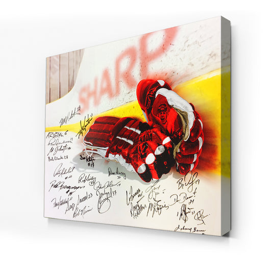 Impression sur toile de gants de hockey vintage en édition limitée multi-signées - 25 signatures