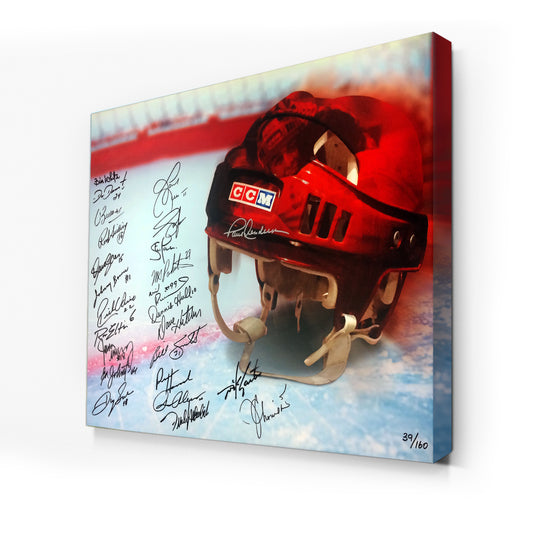 Impression sur toile de casque de hockey vintage en édition limitée multi-signée - 25 signatures