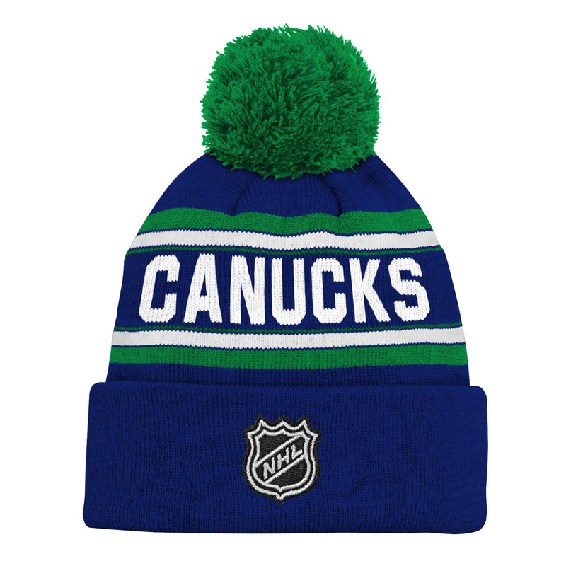 Chargez l&#39;image dans la visionneuse de la galerie, Tuque à pompons en tricot à revers en jacquard avec logo NHL des Canucks de Vancouver pour jeunes
