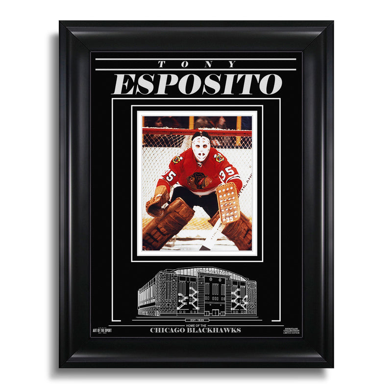 Chargez l&#39;image dans la visionneuse de la galerie, Photo encadrée gravée Tony Esposito des Blackhawks de Chicago - Focus
