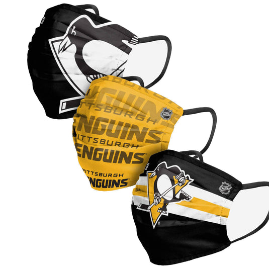 Paquet de 3 couvre-visages plissés réutilisables unisexe des Penguins de Pittsburgh de la LNH