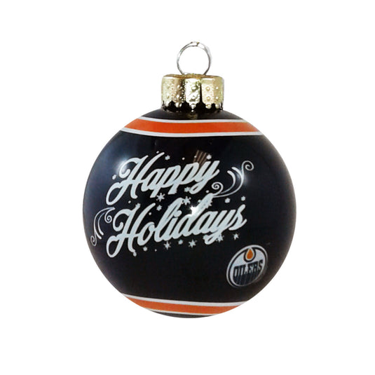 Edmonton Oilers NHL Happy Holidays Glass Ball Ornament