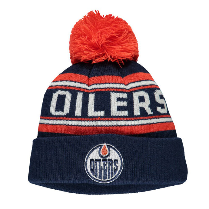 Youth Edmonton Oilers NHL Wordmark Jacquard Cuffed Knit Pom Pom Toque