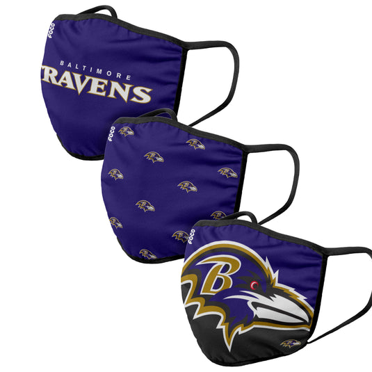 Pack de 3 couvre-visages réutilisables unisexes Baltimore Ravens NFL