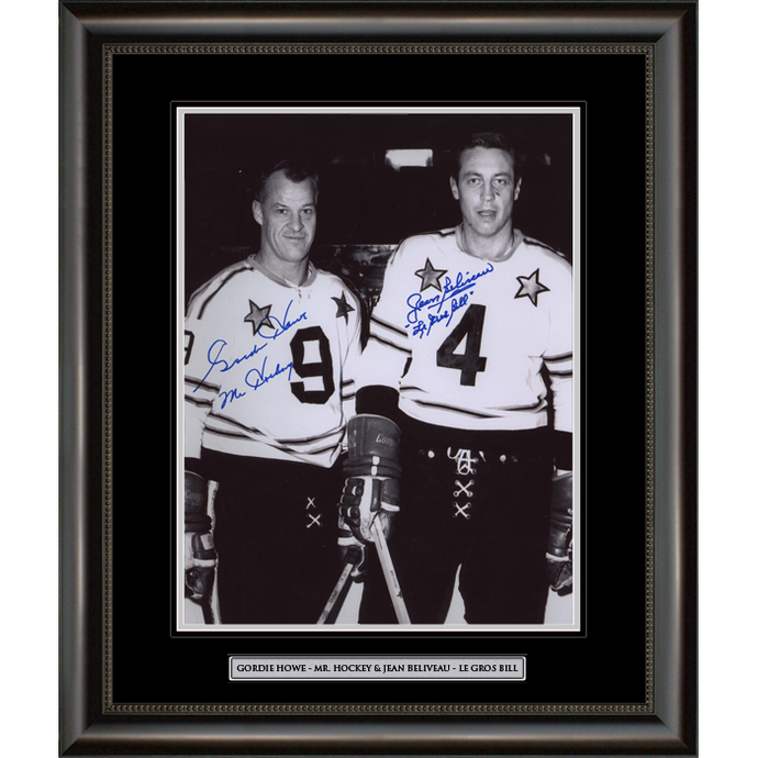 Gordie Howe et Jean Béliveau ont signé une photo en noir et blanc du joueur des étoiles de la LNH