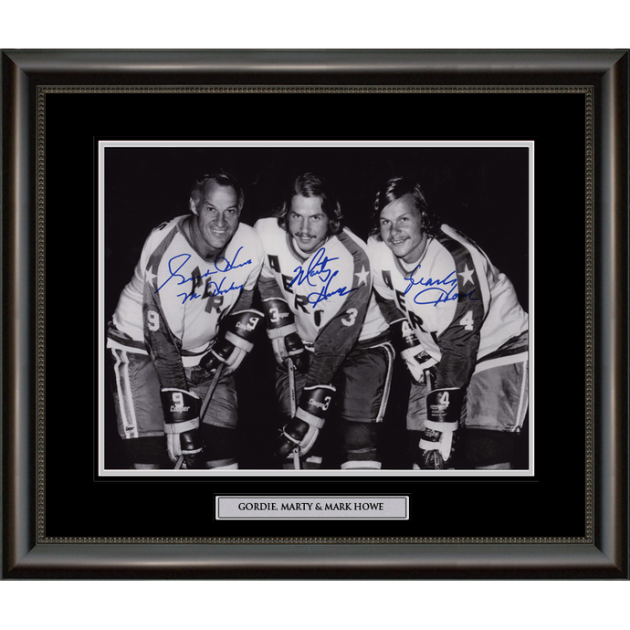 Gordie, Marty & Mark Howe Signed Houston Aeros Black and White Photo