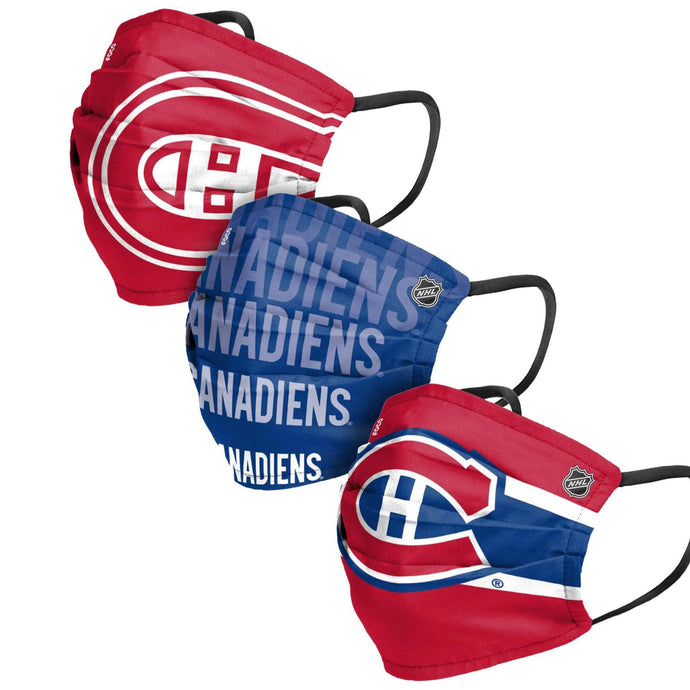 Paquet de 3 couvre-visages plissés réutilisables LNH des Canadiens de Montréal unisexes