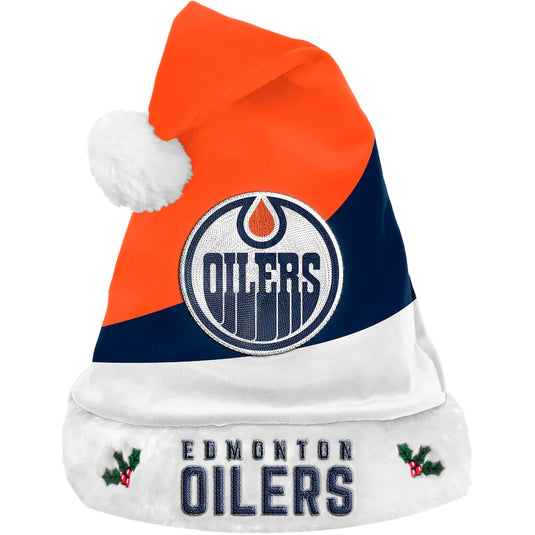 Bonnet de Père Noël en peluche 3 tons de la LNH des Oilers d'Edmonton