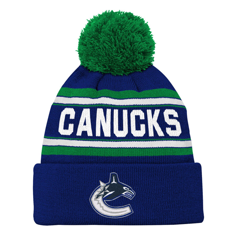 Chargez l&#39;image dans la visionneuse de la galerie, Tuque à pompons en tricot à revers en jacquard avec logo NHL des Canucks de Vancouver pour jeunes
